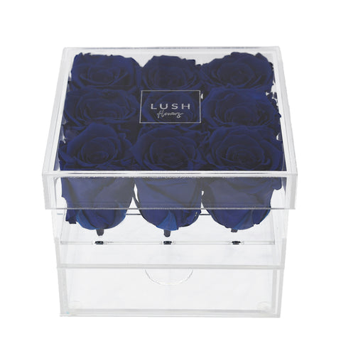 PRE-COMANDA Crystal Box cu 9 trandafiri criogenati Royal Blue