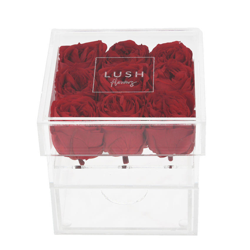 PRE-COMANDA Crystal Box cu 9 mini trandafiri criogenati rosii