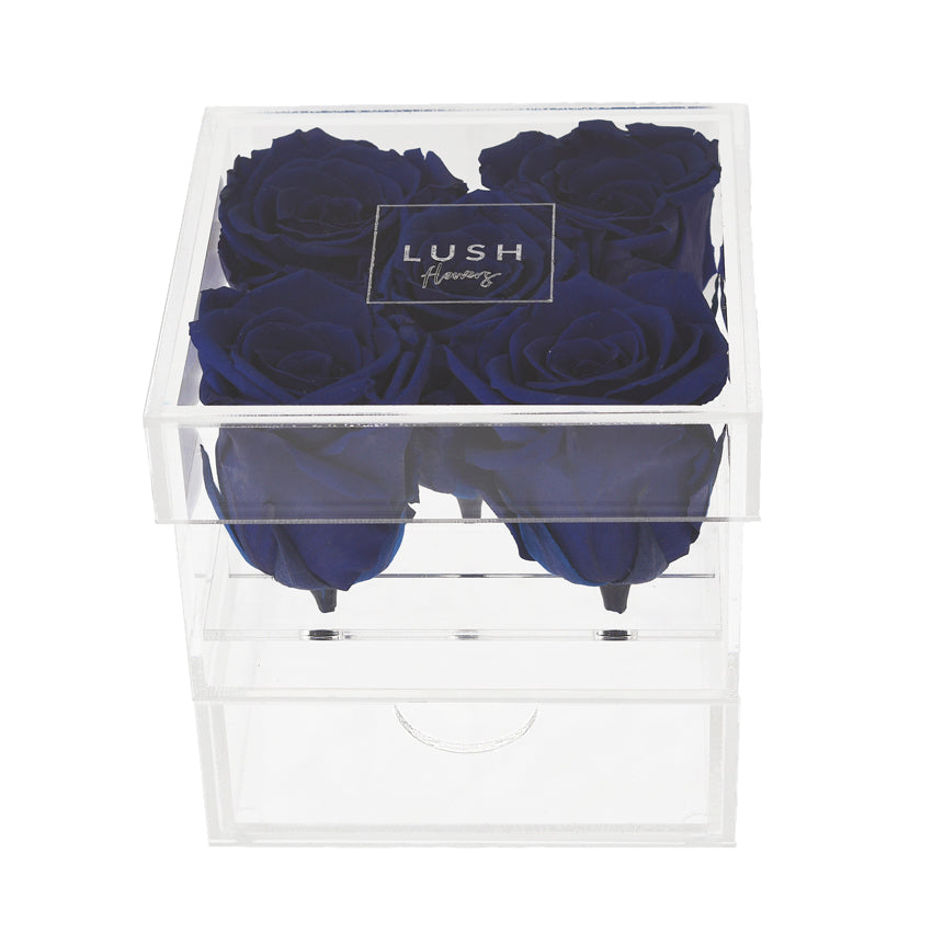 PRE-COMANDA Crystal Box cu 5 trandafiri criogenati Royal Blue