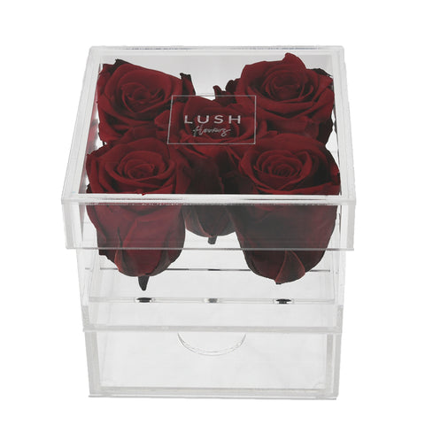 PRE-COMANDA Crystal Box cu 5 trandafiri criogenati rosii
