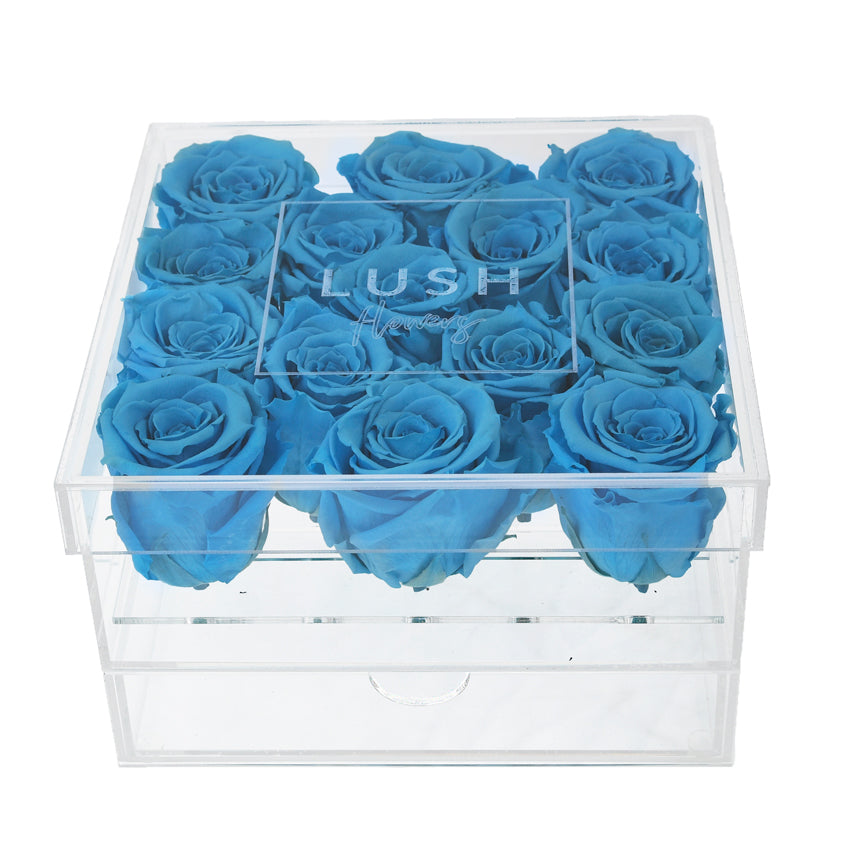 PRE-COMANDA Crystal Box cu 15 trandafiri criogenati bleu