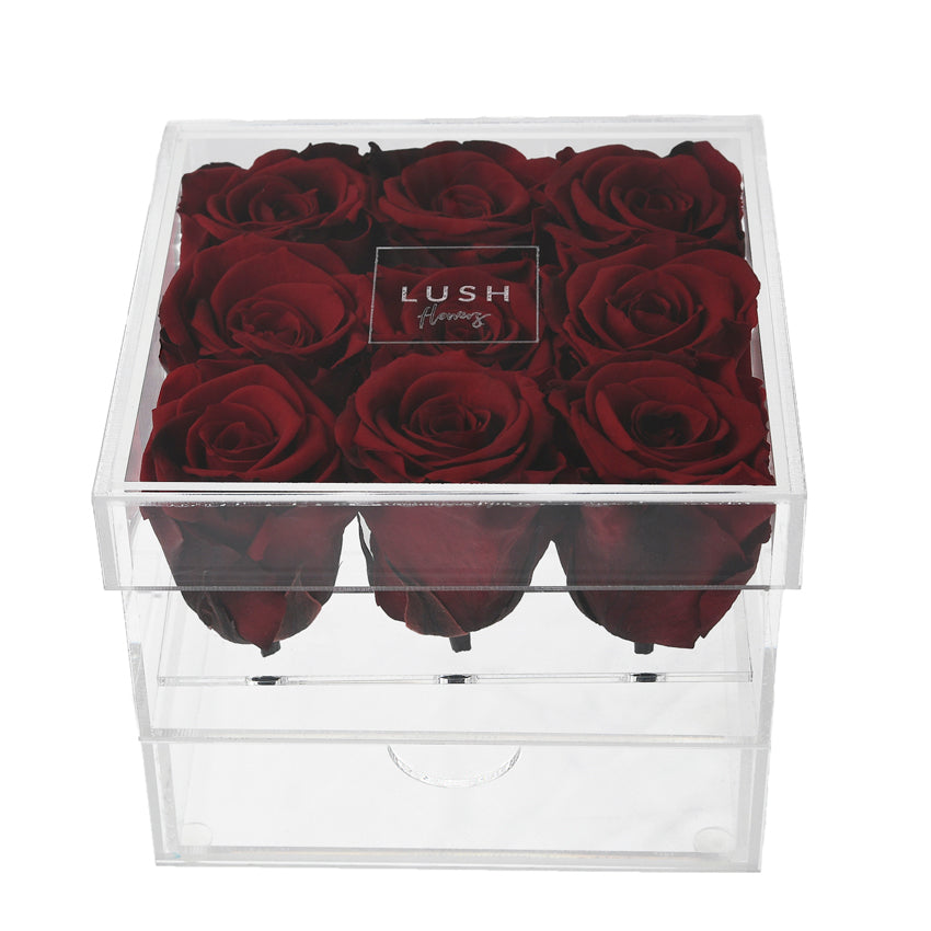 PRE-COMANDA Crystal Box cu 9 trandafiri criogenati rosii