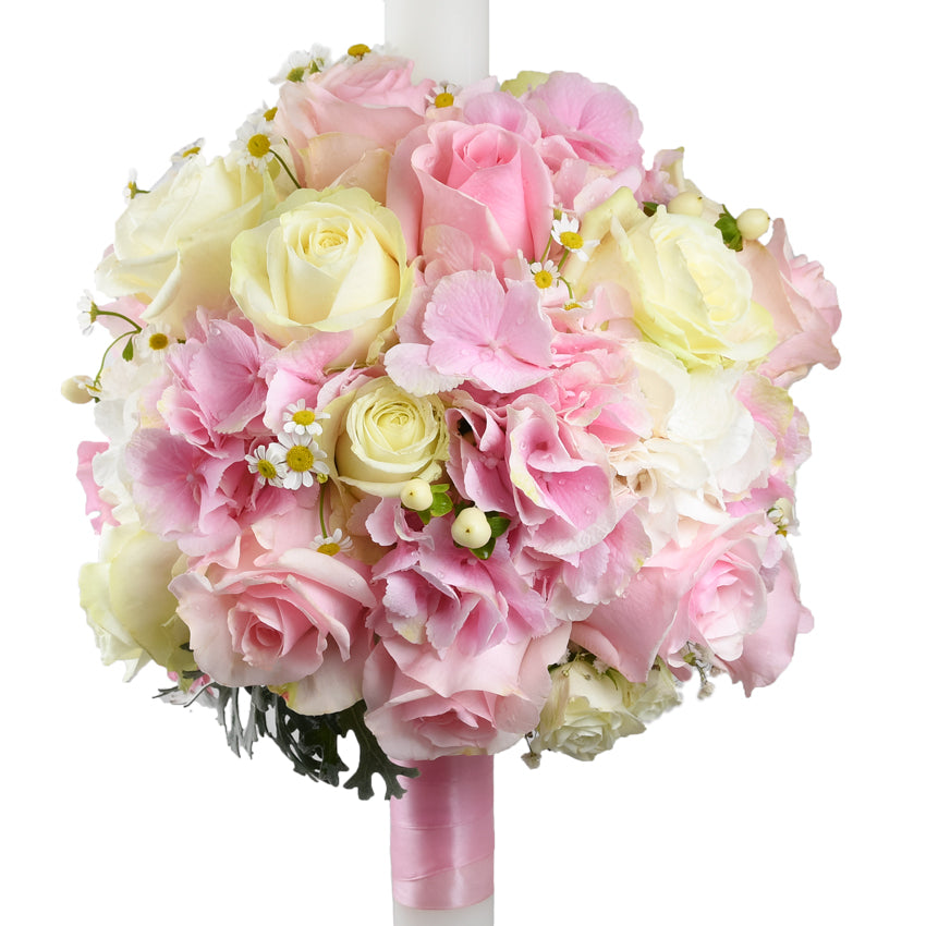 Lumanare cununie eleganta cu Trandafiri si Hydrangea